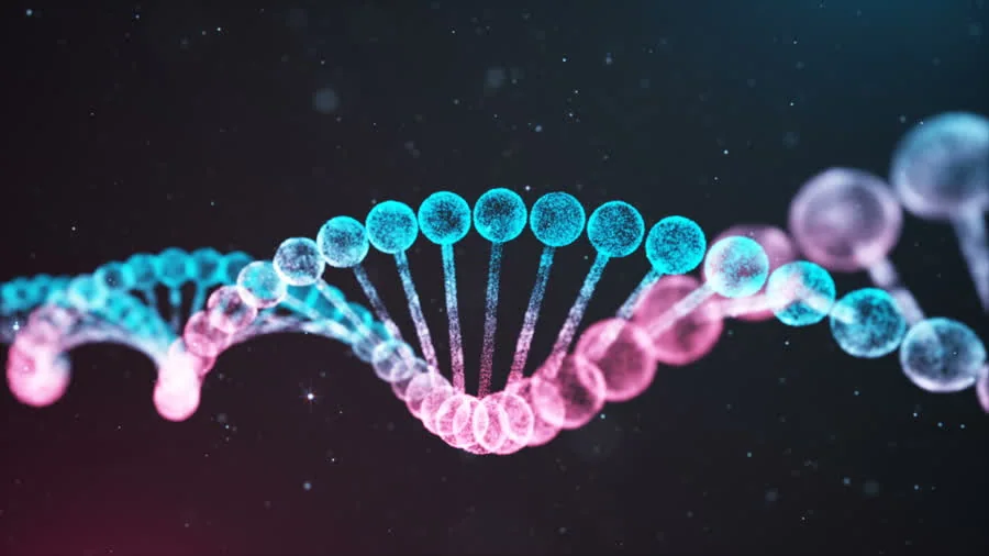 An illustrative DNA double helix formed from teal and magenta particles