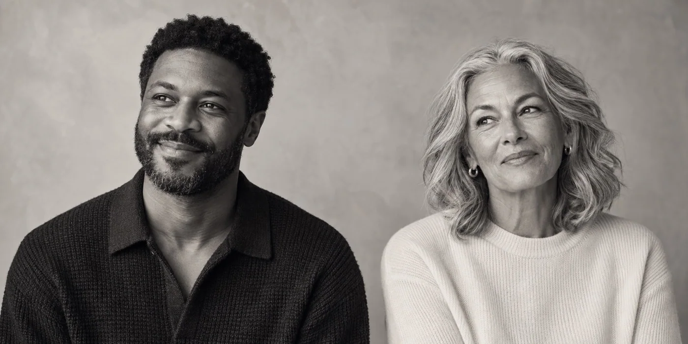 Editorial portrait of two adults in textured knitwear, photographed in warm black and white