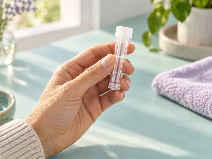 A hand holding a saliva collection tube at home