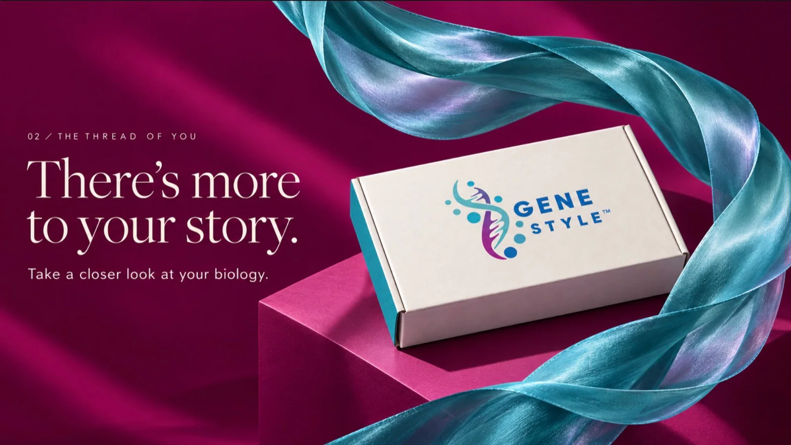 GeneStyle kit framed by flowing teal fabric against a rich magenta backdrop