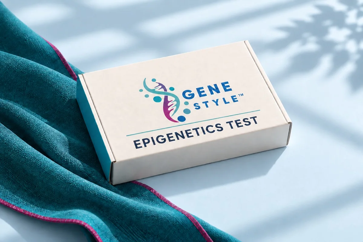 GeneStyle Epigenetics Test box on a pale blue background with teal fabric