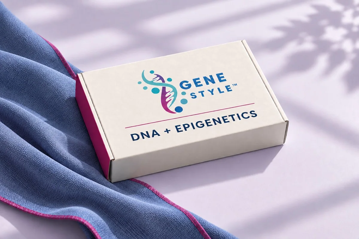 GeneStyle DNA + Epigenetics box on a pale lavender background with periwinkle fabric