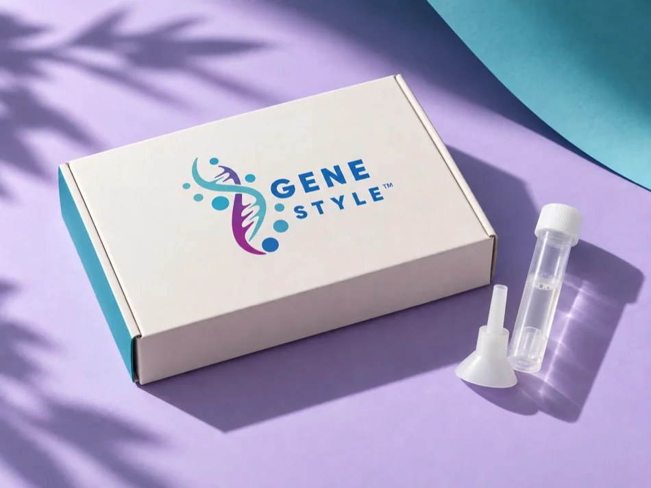 GeneStyle collection kit concept, showing the branded box, saliva tube, and funnel