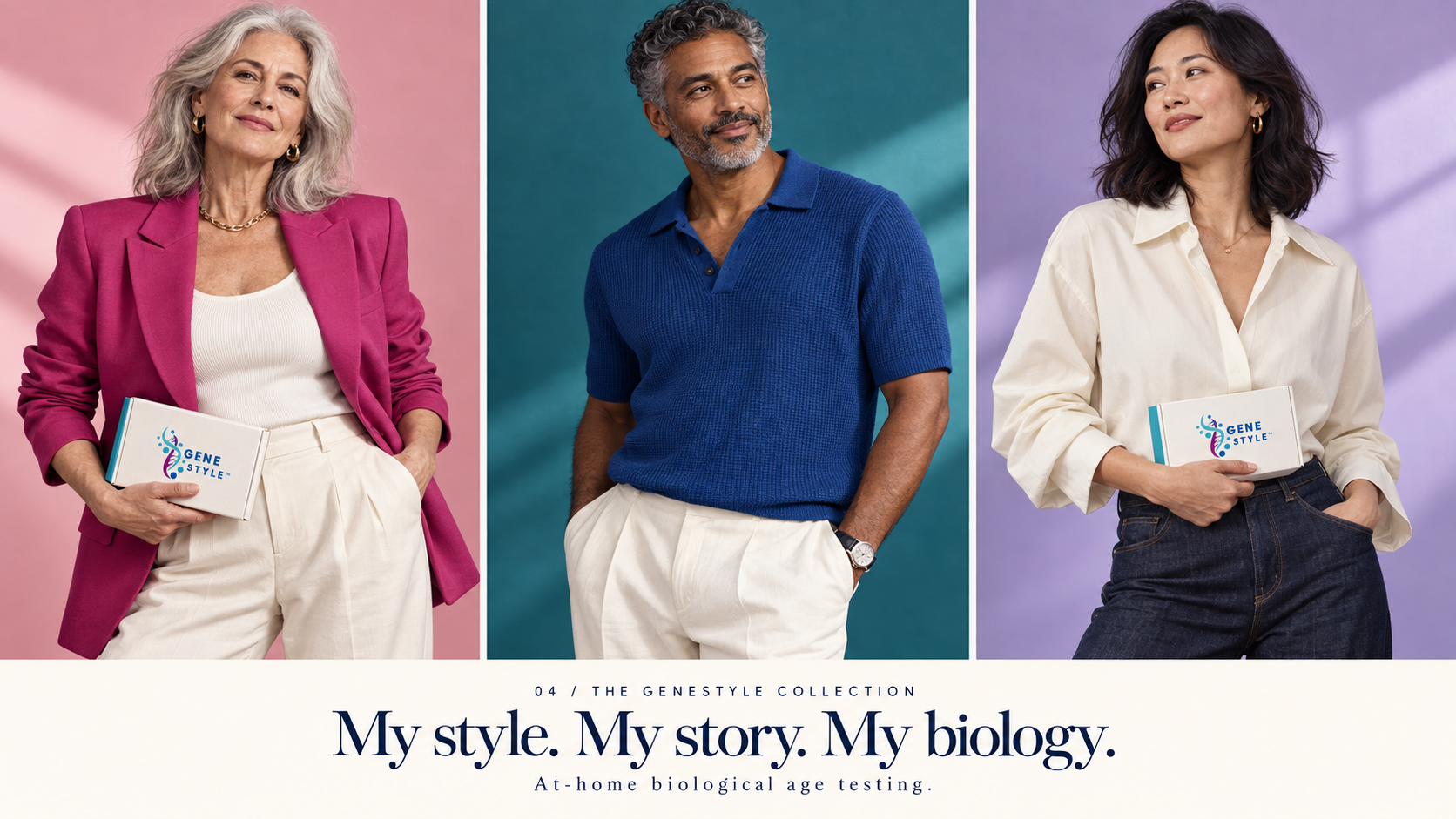 GeneStyle campaign portraits: a woman in magenta, a man in blue, and a woman in ivory, with branded test kits